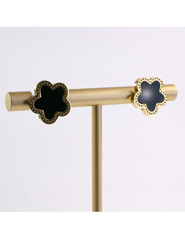 Kolczyki ZŁOTE KWIAT CZARNE KWIATKI STAL...