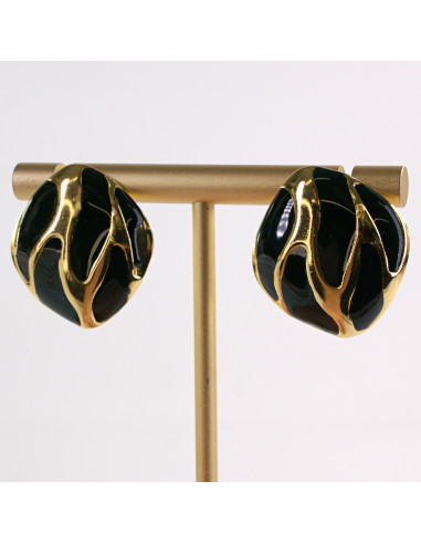 Kolczyki ZŁOTE ROMBY CZARNE CIEKNĄCE STAL...