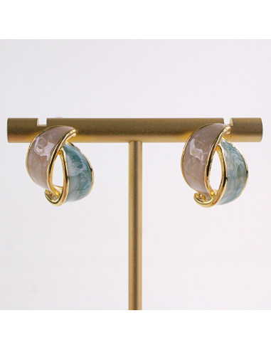 Kolczyki ZŁOTE LISTKI BEŻOWO-NIEBIESKIE STAL...