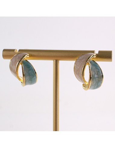 Kolczyki ZŁOTE LISTKI BEŻOWO-NIEBIESKIE STAL...