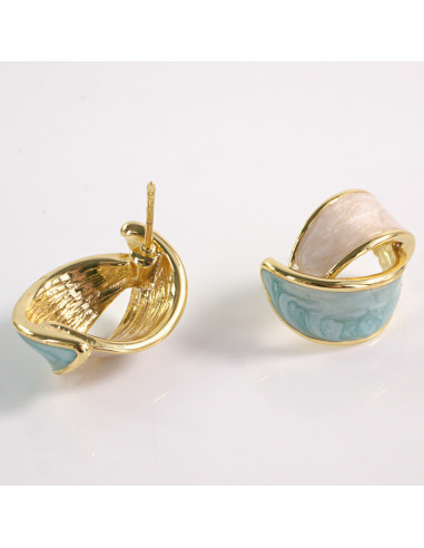 Kolczyki ZŁOTE LISTKI BEŻOWO-NIEBIESKIE STAL...