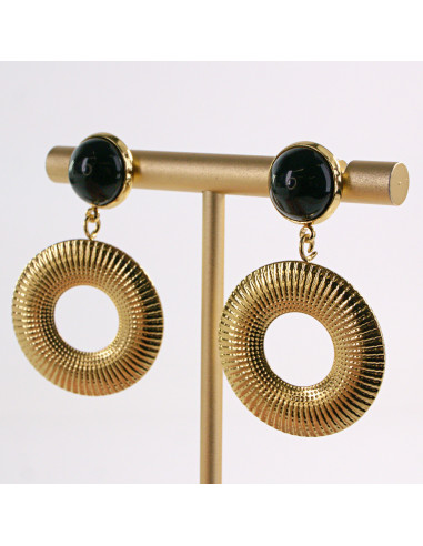Kolczyki ZŁOTE WISZĄCE KÓŁKO CZARNY STAL...