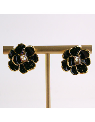 Kolczyki ZŁOTE KWIAT CZARNY KWIATEK STAL...