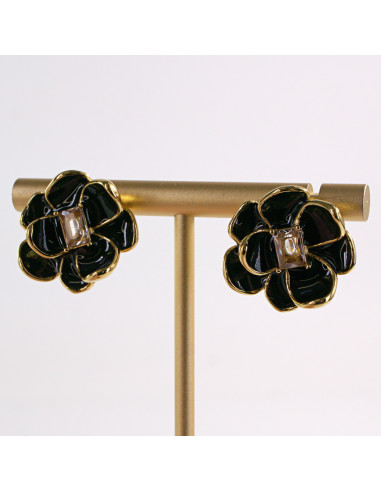 Kolczyki ZŁOTE KWIAT CZARNY KWIATEK STAL...