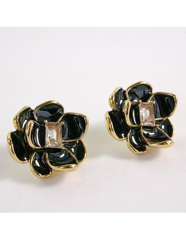 Kolczyki ZŁOTE KWIAT CZARNY KWIATEK STAL...