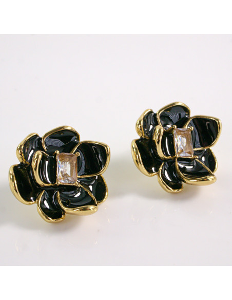 Kolczyki ZŁOTE KWIAT CZARNY KWIATEK STAL CHIRURGICZNA LOLITA AKCESORIA