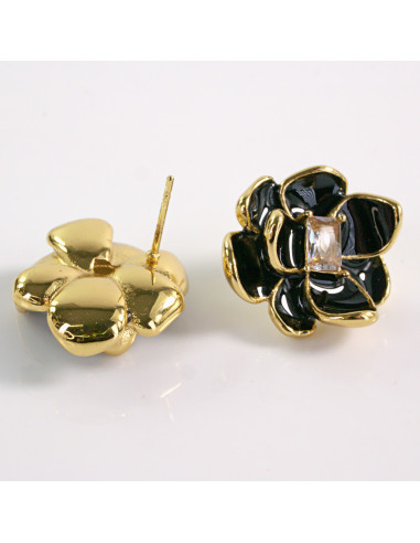 Kolczyki ZŁOTE KWIAT CZARNY KWIATEK STAL...