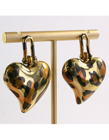 Kolczyki ZŁOTE SERCE WISZĄCE PANTERKA STAL...