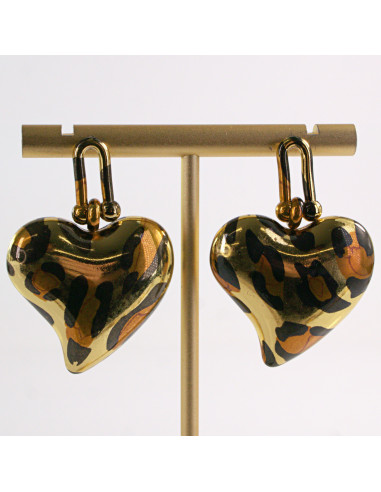 Kolczyki ZŁOTE SERCE WISZĄCE PANTERKA STAL...