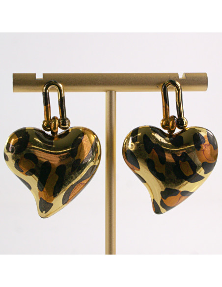 Kolczyki ZŁOTE SERCE WISZĄCE PANTERKA STAL CHIRURGICZNA LOLITA AKCESORIA