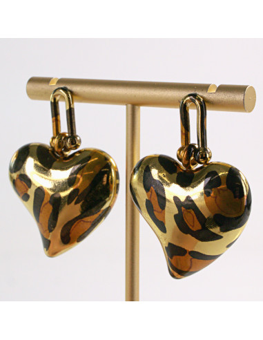 Kolczyki ZŁOTE SERCE WISZĄCE PANTERKA STAL...