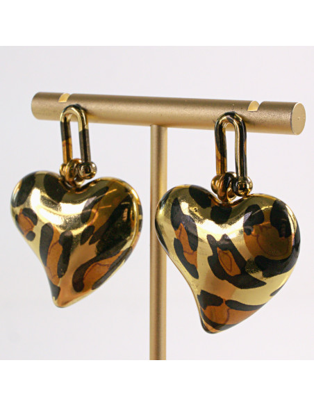 Kolczyki ZŁOTE SERCE WISZĄCE PANTERKA STAL CHIRURGICZNA LOLITA AKCESORIA