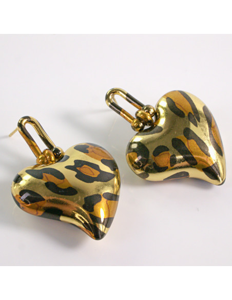 Kolczyki ZŁOTE SERCE WISZĄCE PANTERKA STAL CHIRURGICZNA LOLITA AKCESORIA