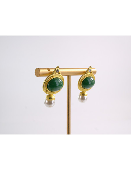 Kolczyki ZIELONE VINTAGE Z PERŁĄ  LOLITA AKCESORIA srebrny sztyft 925