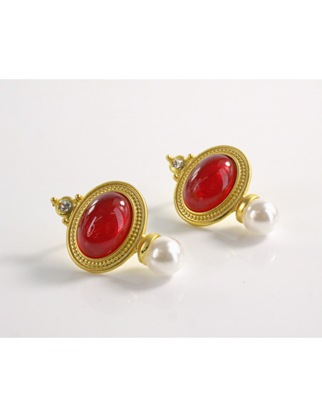 Kolczyki CZERWONE VINTAGE Z PERŁĄ  LOLITA AKCESORIA srebrny sztyft 925
