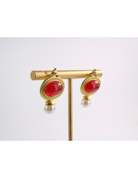 Kolczyki CZERWONE VINTAGE Z PERŁĄ  LOLITA AKCESORIA srebrny sztyft 925