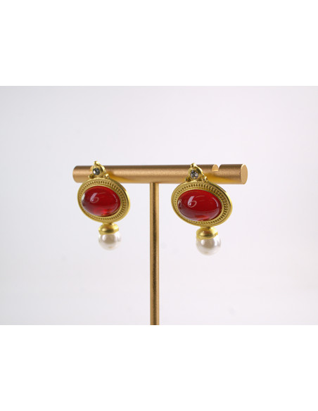 Kolczyki CZERWONE VINTAGE Z PERŁĄ  LOLITA AKCESORIA srebrny sztyft 925