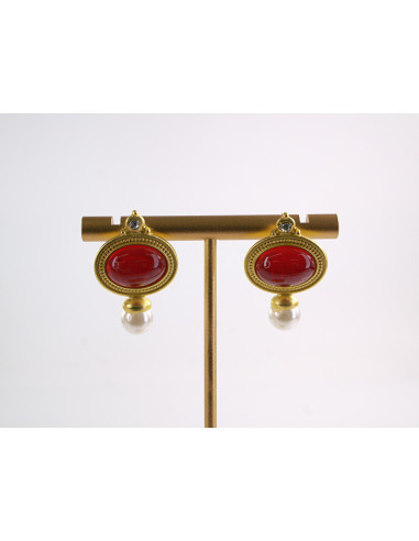 Kolczyki CZERWONE VINTAGE Z PERŁĄ  LOLITA...