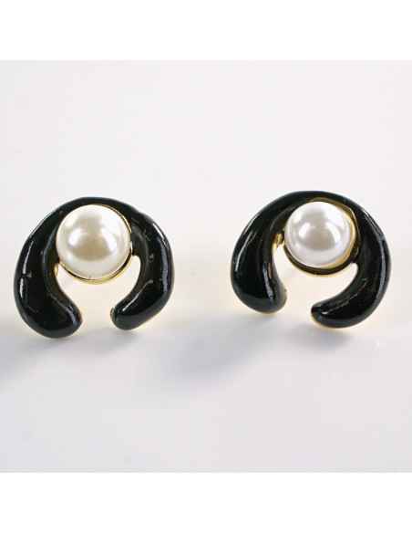 Kolczyki CZARNE ZAWIJASY Z PERŁĄ LOLITA AKCESORIA STAL CHIRURGICZNA