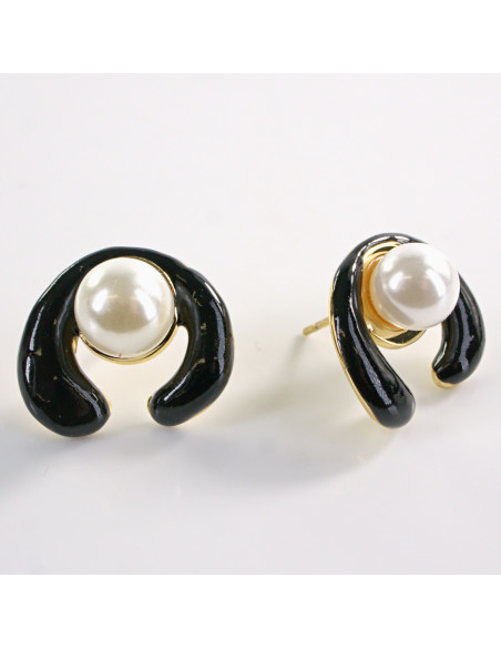Kolczyki CZARNE ZAWIJASY Z PERŁĄ LOLITA AKCESORIA STAL CHIRURGICZNA