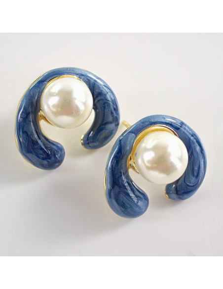 Kolczyki NIEBIESKIE ZAWIJASY Z PERŁĄ LOLITA AKCESORIA STAL CHIRURGICZNA