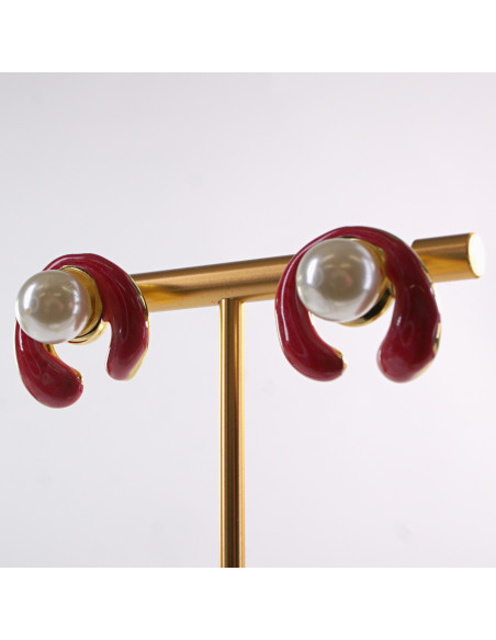 Kolczyki CZERWONE ZAWIJASY Z PERŁĄ LOLITA AKCESORIA STAL CHIRURGICZNA