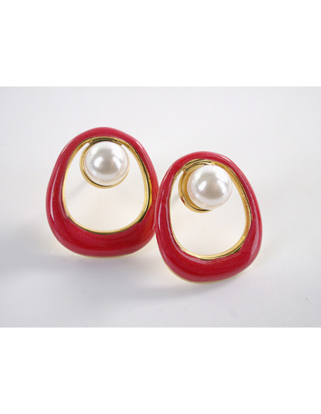 Kolczyki ZŁOTO- CZERWONE  MUSZLE Z PERŁĄ  LOLITA AKCESORIA STAL CHIRURGICZNA