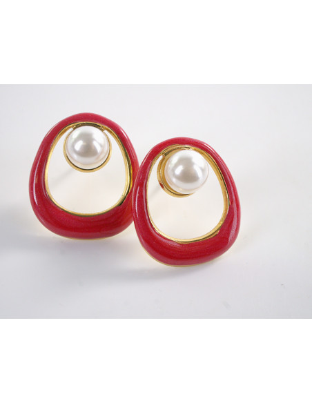 Kolczyki ZŁOTO- CZERWONE  MUSZLE Z PERŁĄ  LOLITA AKCESORIA STAL CHIRURGICZNA