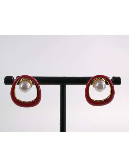 Kolczyki ZŁOTO- CZERWONE  MUSZLE Z PERŁĄ  LOLITA AKCESORIA STAL CHIRURGICZNA