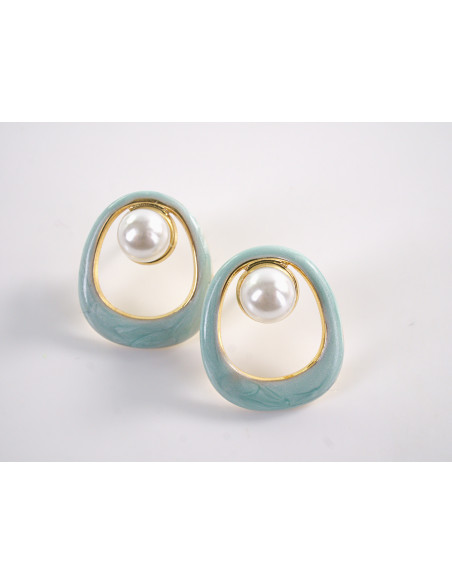 Kolczyki ZŁOTO- TURKUSOWE  MUSZLE Z PERŁĄ  LOLITA AKCESORIA STAL CHIRURGICZNA