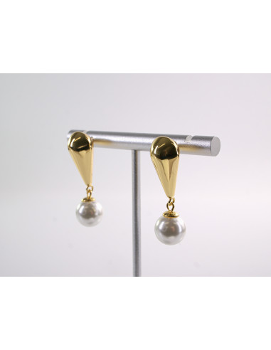 Kolczyki ZŁOTE ŁEZKI Z PEREŁKĄ  STAL...
