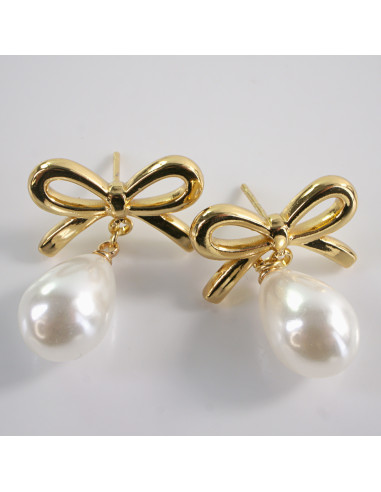 Kolczyki ZŁOTE KOKARDKI  Z PEREŁKĄ  STAL...