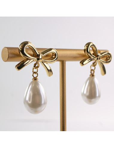 Kolczyki ZŁOTE KOKARDKI  Z PEREŁKĄ  STAL...