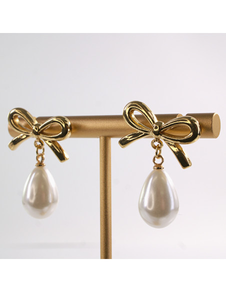 Kolczyki ZŁOTE KOKARDKI  Z PEREŁKĄ  STAL CHIRURGICZNA LOLITA AKCESORIA