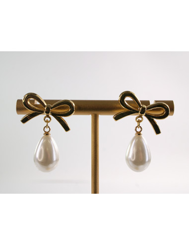 Kolczyki ZŁOTE KOKARDKI  Z PEREŁKĄ  STAL...