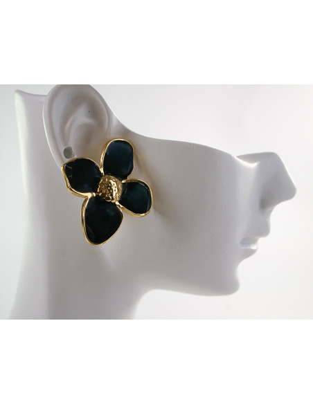 Kolczyki ZŁOTO - CZARNE KWIATY KWIATKI  CHIRURGICZNA LOLITA AKCESORIA