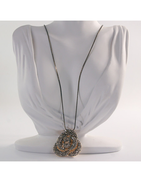 NASZYJNIK DŁUGI WISIOR  MEDALION Lolita Akcesoria GRAFITOWY KWIAT RÓŻA