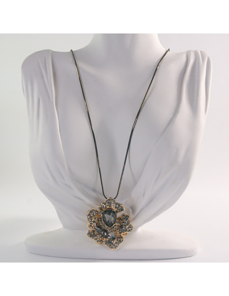 NASZYJNIK DŁUGI WISIOR MEDALION Lolita Akcesoria GRAFITOWY KWIAT RÓŻA