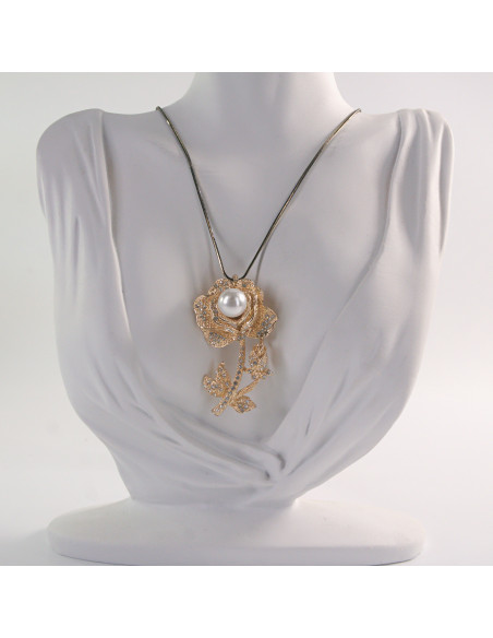 NASZYJNIK DŁUGI WISIOR MEDALION Lolita Akcesoria ZŁOTY  KWIAT Z PERŁĄ