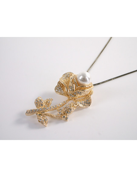 NASZYJNIK DŁUGI WISIOR MEDALION Lolita Akcesoria ZŁOTY  KWIAT Z PERŁĄ