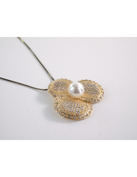 NASZYJNIK DŁUGI WISIOR MEDALION Lolita Akcesoria ZŁOTY  KWIAT Z PERŁĄ