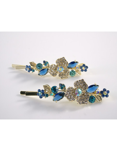 Wsuwka do włosów KWIATKI  z kryształkami 2 szt. Lolita Akcesoria NIEBIESKIE