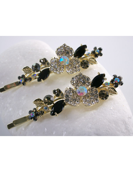 Wsuwka do włosów KWIATKI  z kryształkami 2 szt. Lolita Akcesoria CZARNE