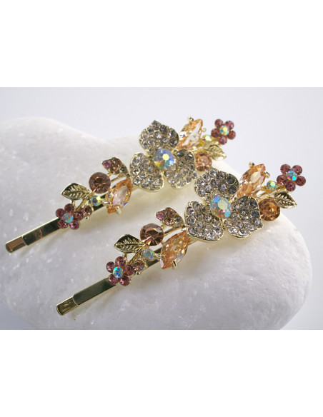 Wsuwka do włosów KWIATKI  z kryształkami 2 szt. Lolita Akcesoria ZŁOTE