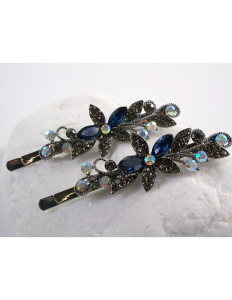 Wsuwka do włosów KWIATKI  z kryształkami 2 szt. Lolita Akcesoria GRANATOWY