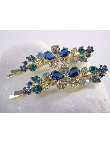 Wsuwka do włosów SZAFIROWY KWIATEK  z kryształkami 2 szt. Lolita Akcesoria