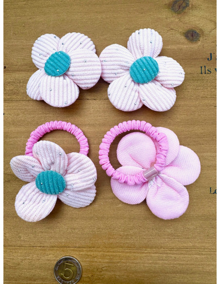 Zestaw 4 sztuki Gumki i spinki do włosów dla dziewczynki Kwiatki XXL SET