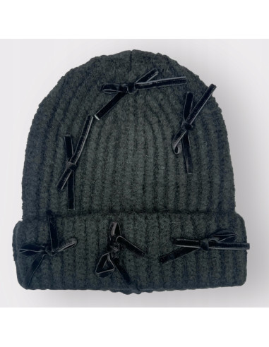 Czapka Zimowa BEANIE Z KOKARDKAMI CZARNA SŁODKA Lolita Accessories