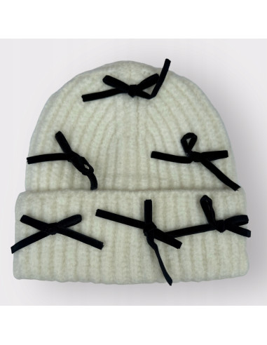 Czapka Zimowa BEANIE Z KOKARDKAMI ECRU SŁODKA Lolita Accessories