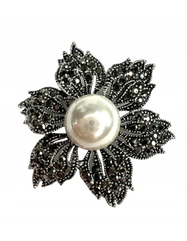 Broszka Brosza GRAFITOWY KWIAT Z PERŁĄ PERŁA...